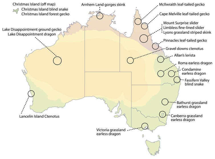 A map of Australia showing where the 20 snakes and lizards are located